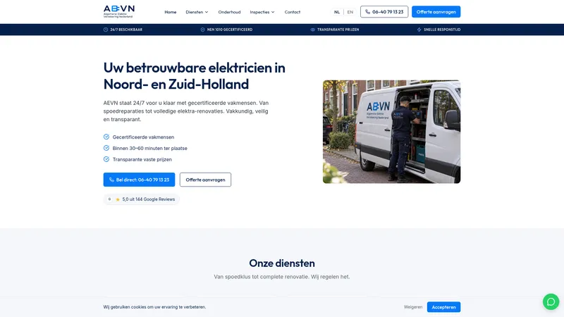Website van AEVN Elektricien Haarlem 24/7