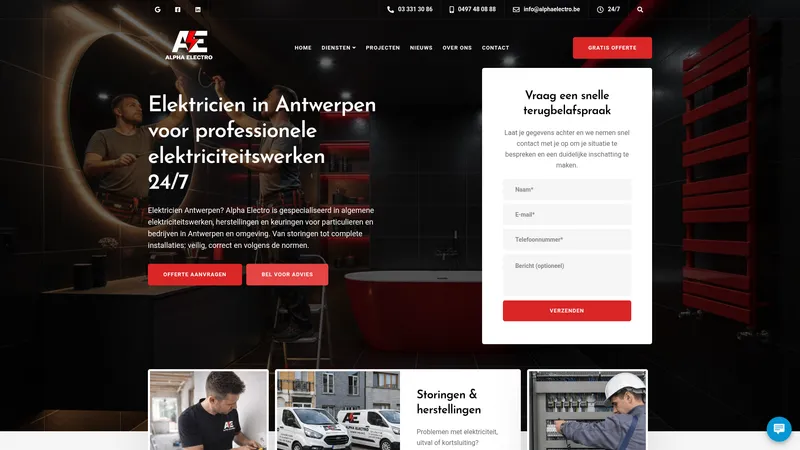 Website van Alpha Electro, algemene elektriciteitswerken