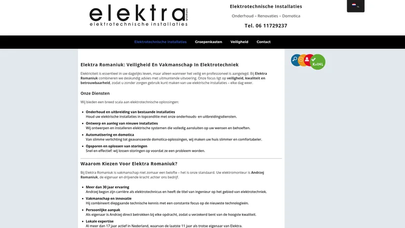 Website van Elektra Romaniuk, ir. elektrotechniek, Erkend Bedrijf