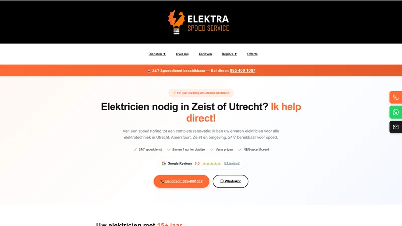 Website van Elektra Spoed Service - 24/7 Elektrische Storingsdienst | Nood Elektricien | 24 uur Elektricien | Zeist Utrecht