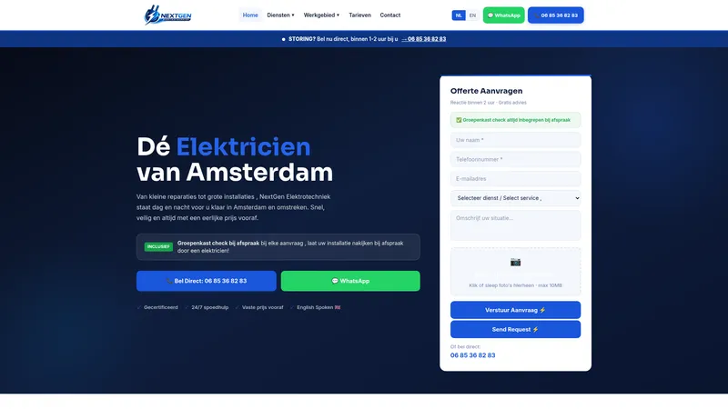 Website van NextGen Elektrotechniek – Elektricien Amsterdam 24/7