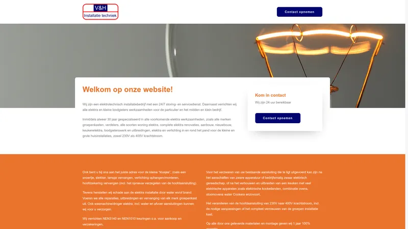 Website van V&H Installatie Techniek